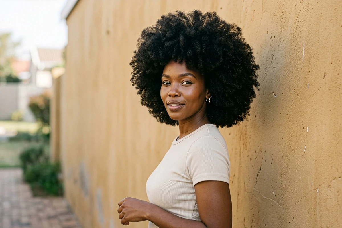 Afro hair styles at Booked and Beautiful Pretoria East: woman with full voluminous natural afro, wash and go, South African setting