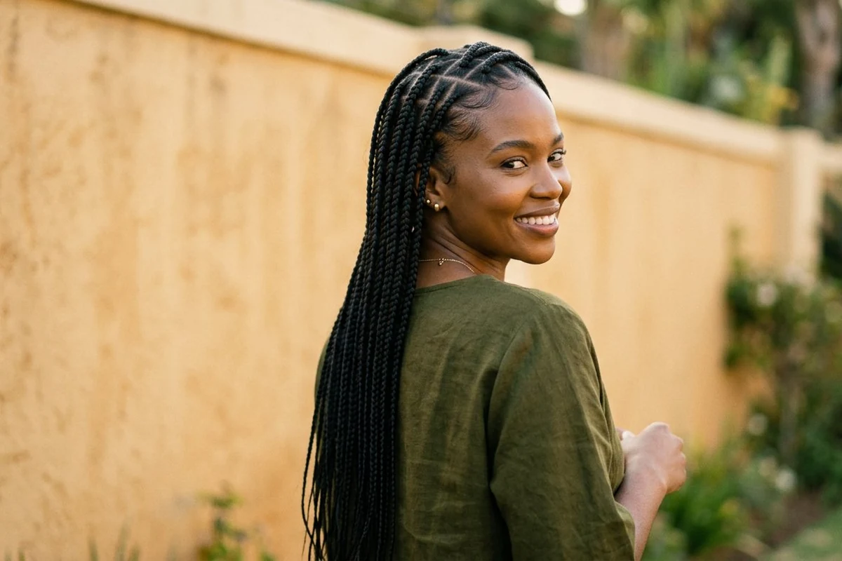 Knotless box braids at Booked and Beautiful Pretoria East: long neat braids with clean parts and healthy edges, South African woman